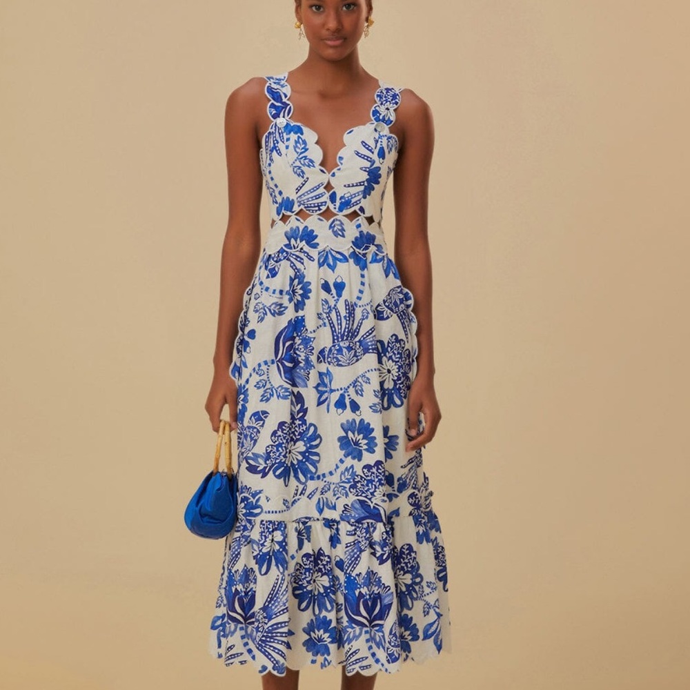 Farm Rio Off-White Flowerful Birds V-Neck Midi-Dress